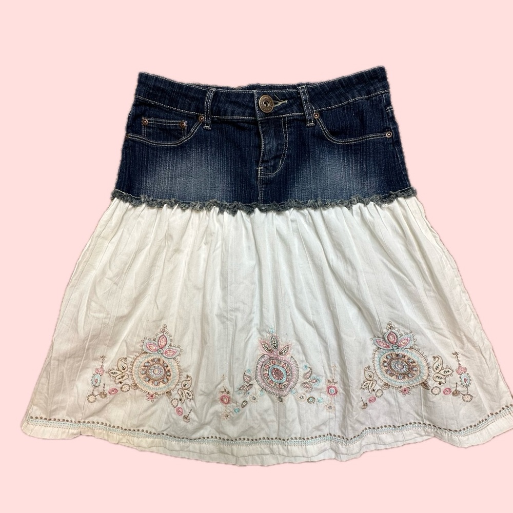 YMI Denim & Embroidered White Skirt